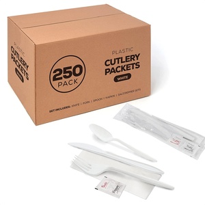 250 Plastic Cutlery Packets - Knife Fork Spoon Napkin Salt Pepper Sets | White Individually Wrapped Cutlery Kits