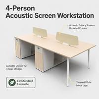 Poste de travail modulaire contemporain pour 4 personnes avec écran de confidentialité crème, coins arrondis, étagère ouverte et armoire à tiroirs sur piétement