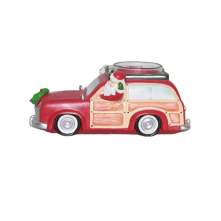 Hot Sell Christmas Ornaments Resin Santa Claus and Snowman Driving Car Figurine With Candle Holder
