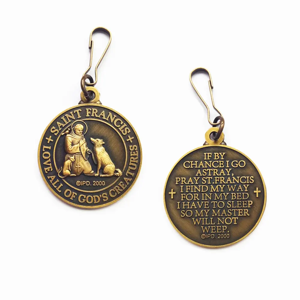 Pingente de metal de bronze antigo com pingente de ouro para cães, etiqueta de proteção de animais de estimação de São Francisco feita de fábrica, com logotipo em relevo, para proteger meus animais de estimação