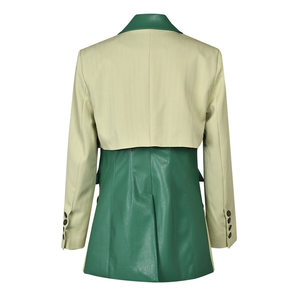 Chaqueta Casual Larga de Primavera para Mujer, Color Beige y Verde, con Parches de PU, Detalle de Cuero en Contraste y Corte en la Cintura - Product Image 2
