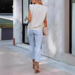 Women <b>Sequin</b> Sleeveless Camisole V Neck Loose Fit Casual <b>Top</b> Breathable Polyester T Shirt 3D Effect Flowy Style - Product Image 3
