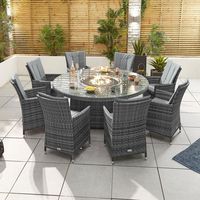 Ensemble de mobilier de jardin en rotin avec foyer extérieur, comprenant un ensemble de salle à manger à gaz 8 places et une table de foyer ronde de 1,8 m pour cour, hôtel et parc