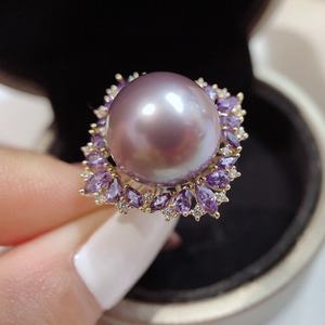 Bague en perle violette de luxe légère, 12-13 mm, naturelle, ronde, sans défaut, en argent pur, ensemble de luxe - Product Image 4
