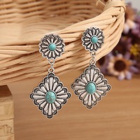 Boucles d'oreilles pendantes rustiques de style western avec concho, pour femme, en alliage plaqué argent antique, ornées de turquoise, pour cowgirl