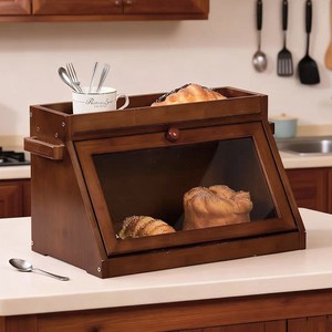Boîte à pain double couche en bambou marron foncé avec couvercle rabattable pour la cuisine, idéale pour les pâtisseries et les desserts - Product Image 1