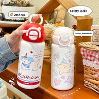 Petite tasse thermos sous vide à motif de dessin animé, grande capacité, pour étudiants et enfants, portable pour l'extérieur, avec paille, double mode de consommation, en acier inoxydable 304
