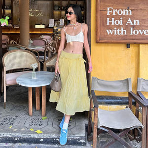 Jupe midi trapèze jaune crème estivale avec détail nœud, style gâteau à étages, pour femme, tendance et élégante - Product Image 2