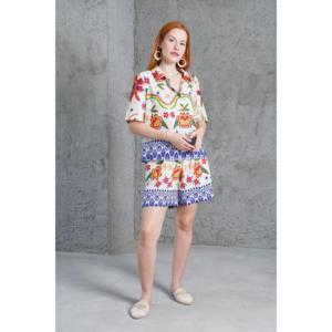 Lustrin Women's Patterned <b>Two</b>-<b>Piece</b> Set with Shorts - Stylish Beige <b>Linen</b> Look Polyester Summer Outfit for Wholesale - Product Image 2