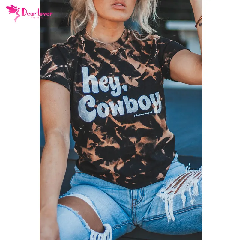 Western Style Black Hey, Cowboy Tie Dye Print Short Sleeve Graphic T Shirts