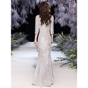 Mermaid Evening Gown Silver <b>Sequins</b> V-Neck Asymmetric Elegant Dress For Coming Of Age Ceremony - Product Image 4