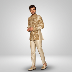 BEAUTIFUL DESIGNER ZARI EMBROIDERY on GROOM COAT & <b>PANT</b> WITH MATCHING SHOE WITH EMBELLISHED CRYSTAL GLASS BEADS,DABKA WORK=2024 - Product Image 5