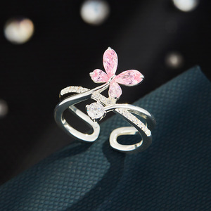 Flower Shape <b>Adjustable</b> <b>Ring</b> With Pink Zircon Butterfly Design For Gift Jewelry - Product Image 1