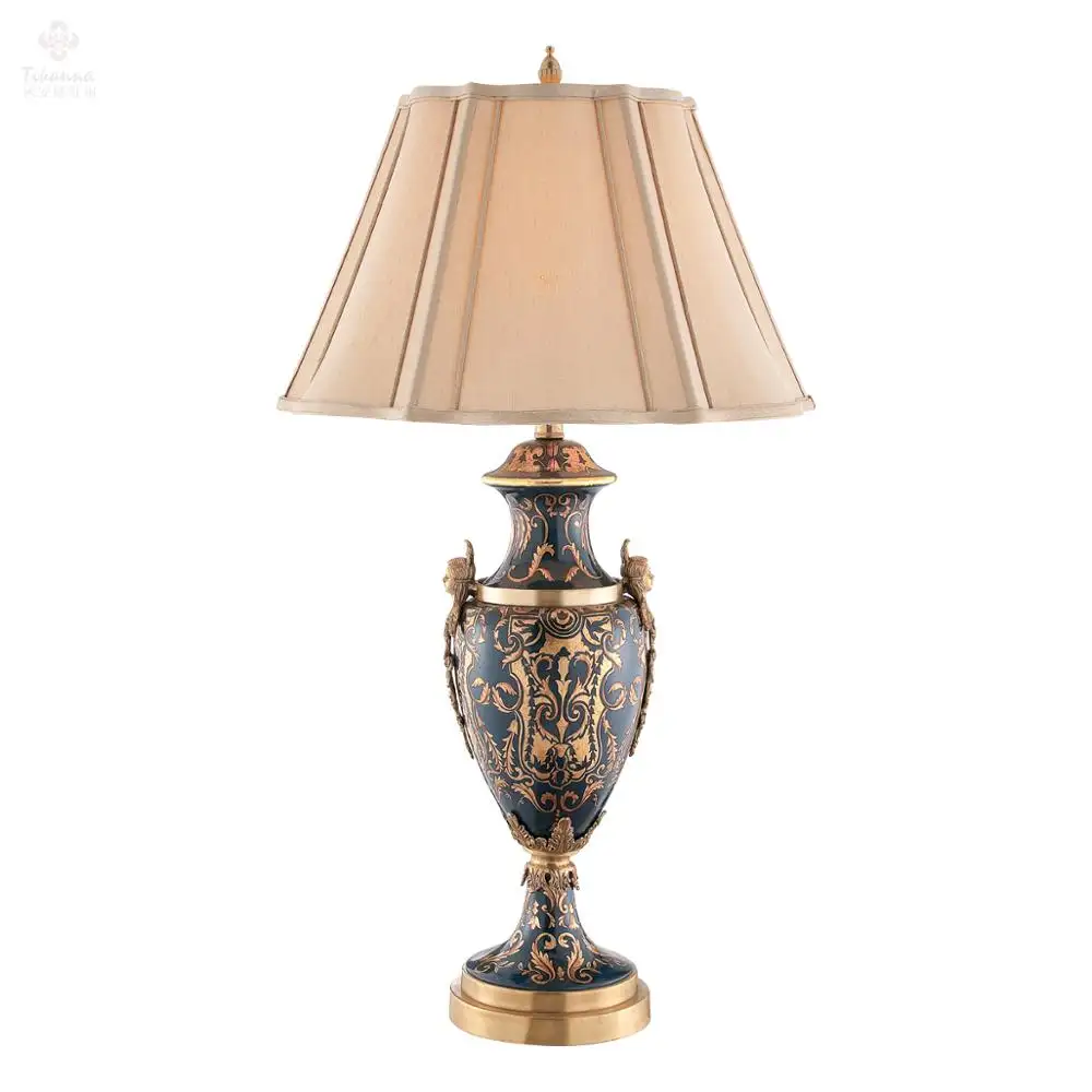French European Luxury Style Brass Fabric Shade Blue Hand Drawing Wood Table Lamp