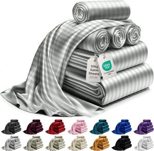 Bộ ga trải giường 6 món phong cách hiện đại chất liệu vải <span class=keywords><strong>satin</strong></span> microfiber 100%, gồm ga trải giường, hai vỏ gối <span class=keywords><strong>satin</strong></span> mềm mại dùng cho gia đình - Product Image 3