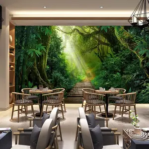 原创自然主题壁纸森林3D三维扩展空间壁纸热带雨林卧室景观壁画