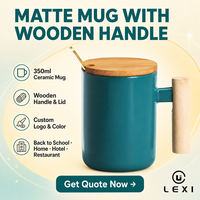 Mug à café finition mate avec poignée en bois 350 ml, tasse en céramique personnalisable avec logo, intérieur noir, gris, blanc, pour la rentrée scolaire et la maison