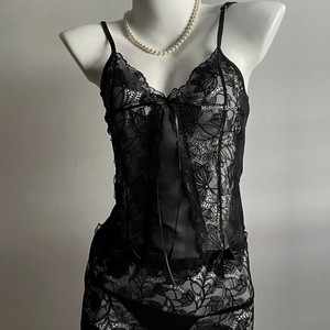 Sexy deep V lingerie see-through seductive nightgown, pure and alluring bodycon lace camisole and strappy nightgown set - Product Image 3