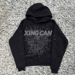 Felpa con cappuccio da uomo personalizzata con zip, decorazione con strass e rivetti a forma di ragno 1.1, nera lavata, con spalle scese, vestibilità ampia, aperta sul davanti - Product Image 2