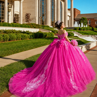 Robe de Quinceañera pour 15 ans, Robe de bal, Épaules dénudées, Appliques, Dentelle, Perles, Satin, Traîne, Décolleté cœur, Style Princesse, pour Fête