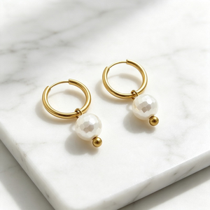 Custom Earrings OEM ODM <b>Titanium</b> Steel Pearl Drop Hoop Faceted Pearl 18K Gold Plated Jewelry Manufacturer - Product Image 3