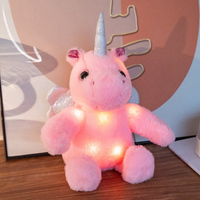 Peluche licorne rose lumineuse à LED avec cornes et ailes scintillantes, animal en peluche lumineux, veilleuse, poupée en peluche douce, cadeau pour enfants et filles