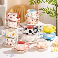 Tasse à café et soucoupe en céramique et porcelaine, peintes à la main, mignonnes, style féminin, écologiques, 300 ml, forme irrégulière, style européen, promotion, usage domestique