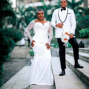 Elegantes Vestidos de Novia de Lujo de Nigeria con Apliques de Perlas y Encaje, Manga Larga, Cuello Redondo, Aso Ebi, Largos hasta el Suelo, Estilo Sirena/Trompeta - Product Image 1