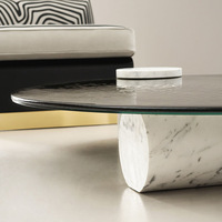 Meubles de salon modernes, table basse ronde en verre gris foncé avec cadre en marbre et rangement