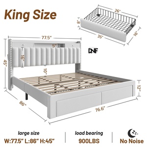 Cadre <span class=keywords><strong>de</strong></span> <span class=keywords><strong>lit</strong></span> king size moderne réglable avec 4 tiroirs <span class=keywords><strong>de</strong></span> rangement, plateforme rembourrée <span class=keywords><strong>en</strong></span> velours, 3 ports USB Type-C, lattes <span class=keywords><strong>en</strong></span> <span class=keywords><strong>bois</strong></span> massif, sans sommier - Product Image 1
