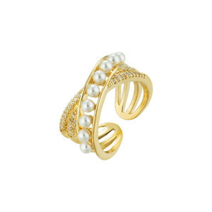 Cross Shaped Faux Pearl Openwork Ring Micro Pave Adjustable Index Finger Band Party Jewelry - Product Image 5