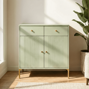 Elegant Modern <strong>Green</strong> Bedroom &amp; Living Room Sideboard Textured Fluted Doors Gold Metal Handles 2 Drawers Stylish Storage <strong>Cabinet</strong> - Product Image 1