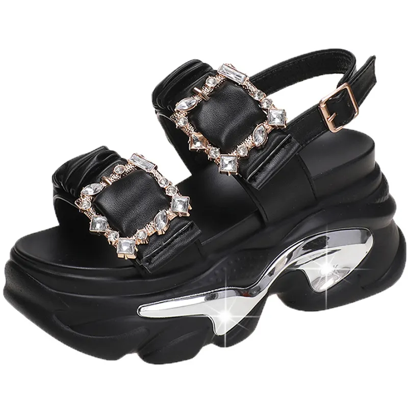 Dropshipping sandal Wedges wanita gesper logam berlian imitasi desainer Logo kustom sandal Platform Chunky nyaman kasual