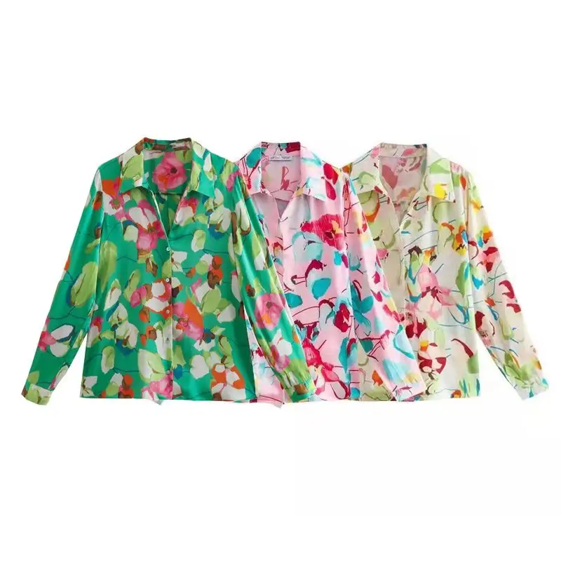 PB&ZA2022 spring and summer new women's clothing flower print silk satin texture blouse 2761/239