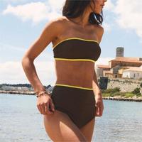 Ensemble de bikini bandeau personnalisé à contraste marron chocolat et jaune, short de surf, maillot de bain deux pièces pour filles, tenue de plage