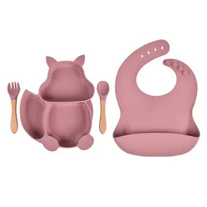 Plato de silicona con forma de Animal, cuchara, tenedor, babero, alimentación, vajilla de silicona para bebé