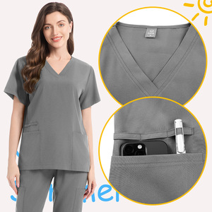 Women's Cotton Scrub Set Short Sleeve V Neck Moisture Wicking Hospital Uniforms For Medical Beauty Dental Workwear Split Design - Product Image 3