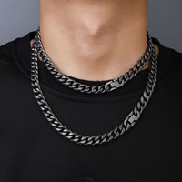 Cadena de Eslabones de 10 mm de Acero Inoxidable con Baño de Plata Negra, Collar Informal/Deportivo Unisex de 18/20/22/24 Pulgadas