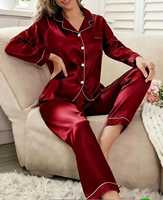 Ensemble de pyjamas en soie pour couples, pyjamas en satin à manches longues pour couples, vêtements de nuit boutonnés, ensemble de pyjamas deux pièces