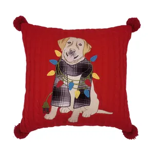 圣诞红色针织刺绣贴花狗围巾装饰枕套