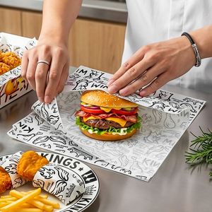 Papier d'emballage jetable écologique, imprimé sur mesure, résistant à la graisse, enduit de cire, de qualité alimentaire, pour les collations, les sandwichs, les hamburgers, les pizzas, les gâteaux - Product Image 4