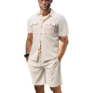 Nuevo Conjunto de Dos Piezas de Verano para Hombre, Camiseta de Manga Corta con Bolsillo y Pantalones Cortos de Punto Waffle en Color Sólido, Ropa Informal Negra - Product Image 5