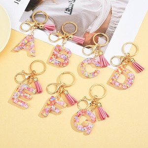 Colorful Crystal Glitter Tassel Resin Letter Key Chain 26 Initials Alphabet Acrylic Gold Alloy Keychain Fashion Bag Pendant