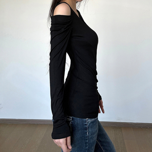 T-shirt moulant noir à épaules dénudées pour femme, en viscose et élasthanne, manches longues, style streetwear décontracté et sexy, mode Y2K - Product Image 6