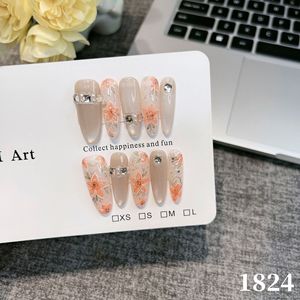 Uñas Postizas 3D Hechas a Mano, Forma de Almendra, Color Rosa con Perlas y Dorado, Puntas de Uñas Acrílicas Reutilizables para Mujer - Product Image 3