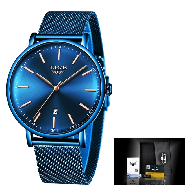 LIGE  Stainless Steel Ultra-Thin Casual Wristwatch Quartz Clock Top Brand Luxury Waterproof Watch Mens Watches Fashion Ladies