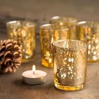 Set Tempat Lilin Votive 12 Buah, Kaca Merkuri Berbintik Biru, Tahan Panas, Logam Berinsulasi, Dekorasi Meja Pernikahan