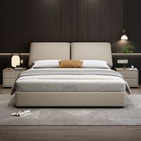 Lit plateforme moderne en cuir capitonné, taille Queen, avec tête de lit séparée, rangement et base en bois