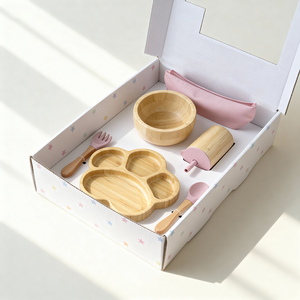 <span class=keywords><strong>Set</strong></span> per l'Alimentazione del Bambino in Bambù con Ciotola a Forte Ventosa, Bocca Larga, Resistente al Bollitore, Infrangibile, con Coperchi e Cannucce - Product Image 1