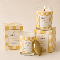 Arovi - Bougie parfumée au miel et au yuzu en verre jaune à carreaux de 200 g avec couvercle doré et boîte cadeau pour la vente au détail